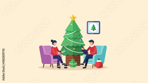 Festive couple decorates a Christmas tree, cozy indoor scene