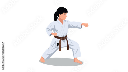 Girl practicing karate in white gi and brown belt, ready to strike pose