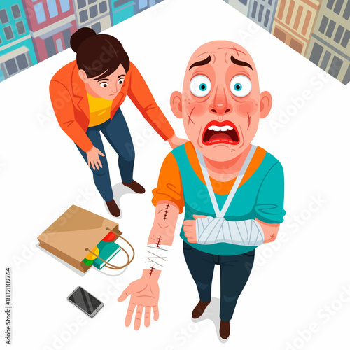 Worried Woman Comforts Injured Man with Bandaged Arm and Scars, Carrying Shopping Bag and Phone