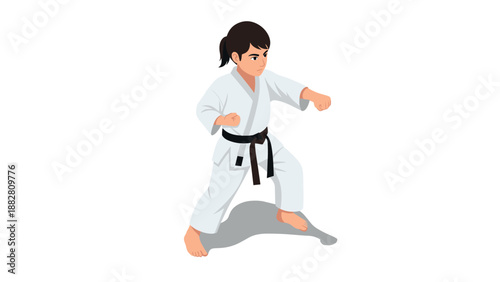 Karate kid in action: young athlete in white uniform performing martial arts stance
