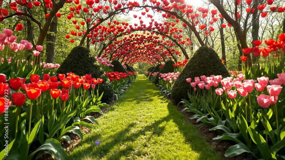 Vibrant tulip garden with colorful flowers and green grass in a ...