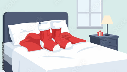 Cozy bedroom with festive red stockings and a bedside gift