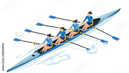 Isometric rowing team in action on water