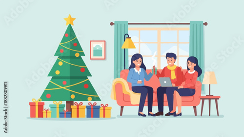 Family gathers by Christmas tree and fireplace, enjoying festive time together