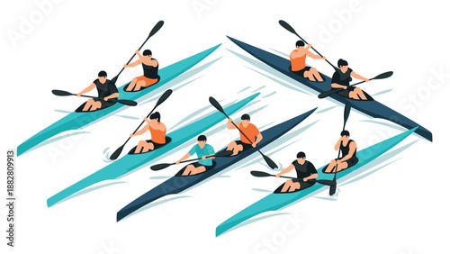 Flat design kayaking team in action on water adventure
