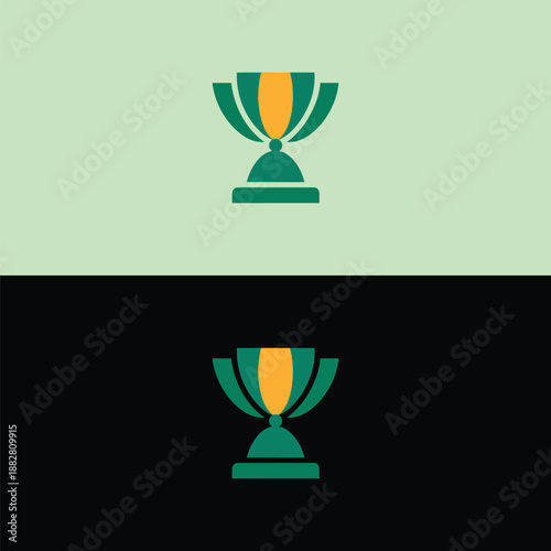 A distinct trophy icon with prominent green and orange ribbons is showcased on a split background of pale green and black, signifying prestige and victory.