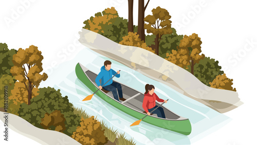 Autumn river adventure with canoe and paddlers in isometric design