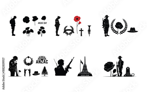Black and red silhouettes of soldiers and memorial symbols for Anzac Day