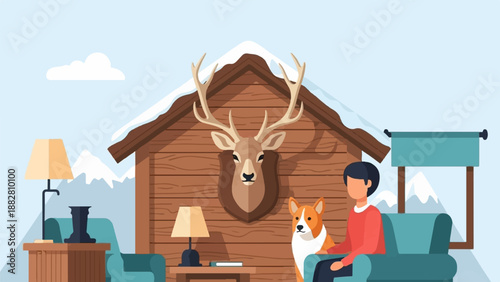 Cozy cabin interior with mounted deer head, dog, and person