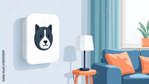 Cozy living room with dog art, sofa, lamp, and plant