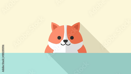 Cute cartoon corgi peeking over a teal surface with a beige background