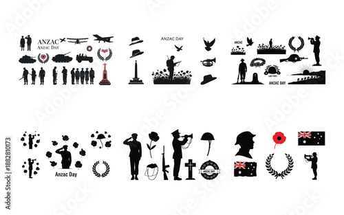 Black and white Anzac Day memorial symbols and military set soldiers poppies wreaths