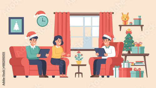 Festive family gathering indoors with Christmas decorations and tablets