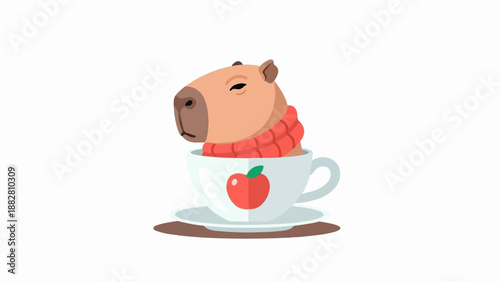 Cozy capybara wearing a scarf peeking from a teacup with apple