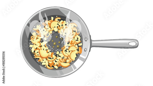 Sizzling culinary preparation captured in an animated illustration showcasing chopped ingredients expertly sauteed in a hot pan with steam rising