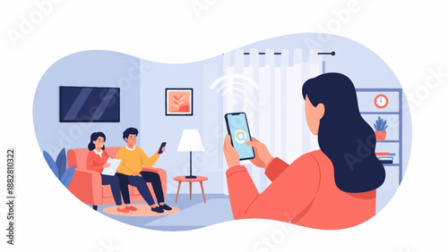 Family in living room using smartphones, one controlling devices with an app