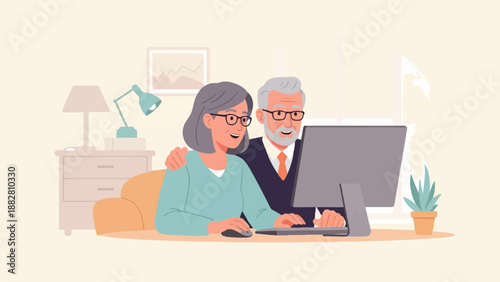 Elderly couple using a computer together at home