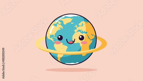 Cute cartoon Earth with ring and smiling face on pink background
