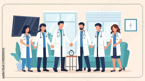 Diverse medical team links hands, symbolizing unity and care in clinic