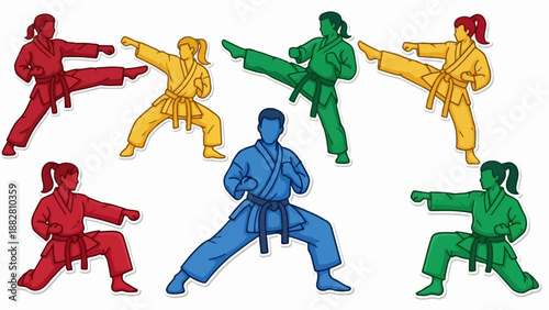 Diverse martial artists in colorful gis practice various combat stances and kicks