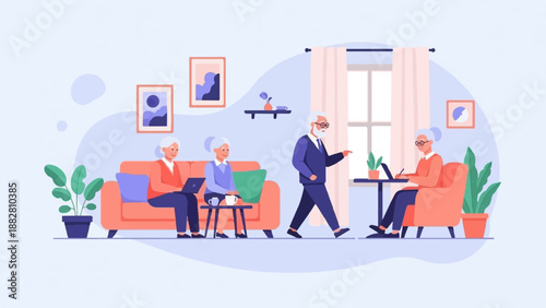 Elderly people relax and use devices in a cozy indoor setting