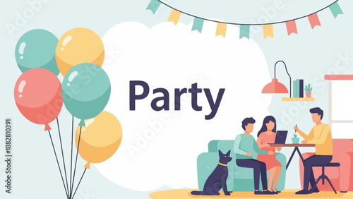 Festive gathering with balloons, friends, and a dog