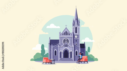 Digital art of a church with two chairs and a person