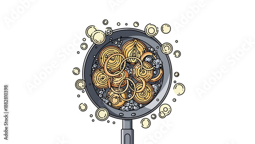 Dynamic illustration of yellow onion rings and slices gently sautéing in a pan amidst effervescent bubbles, depicting the culinary preparation