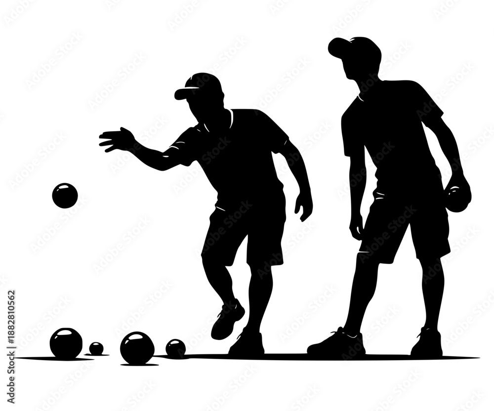 Fototapeta premium Black silhouette of two men playing petanque or bocce. One player tosses a ball while the other watches. Active outdoor leisure and sports competition concept on a plain background.