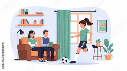 Family indoors watching a young woman play soccer with a ball