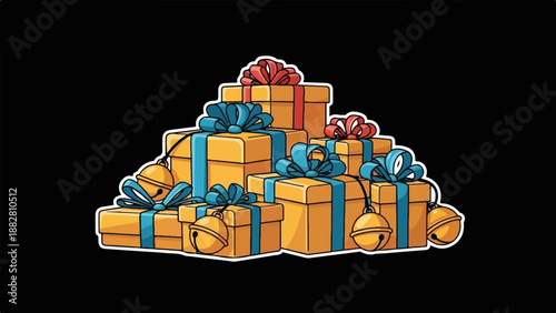 Festive gift boxes with blue and red ribbons and jingle bells