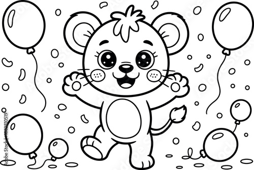 A cheerful cartoon bear holding balloons stands with open arms against a patterned background
