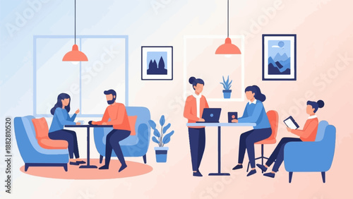 Diverse people collaborate and relax in a modern, well-lit workspace