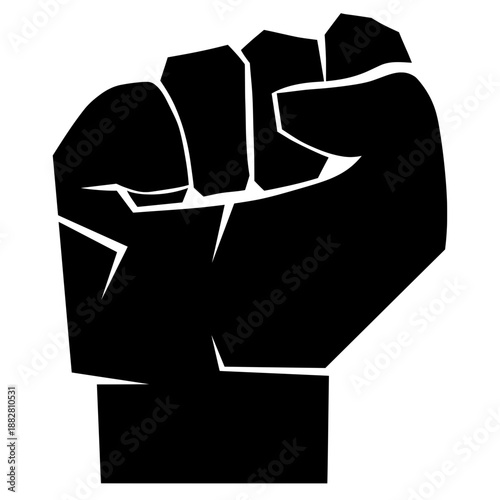 Powerful black silhouette of a raised clenched fist. Iconic symbol representing protest, solidarity, social justice, and collective strength for human rights movements against a neutral background.