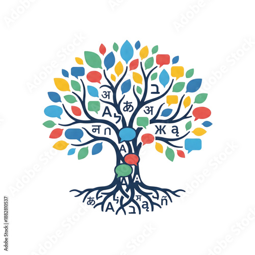 language tree illustration with speech bubbles and multilingual characters isolated on transparent background