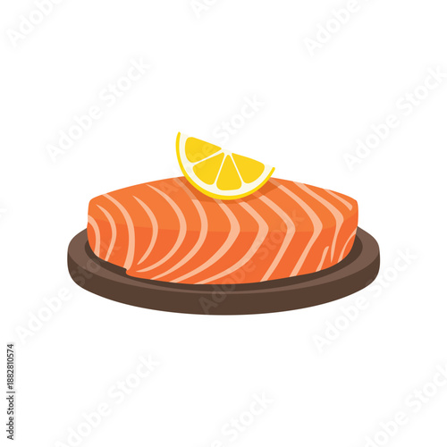 Salmon fillet on a plate garnished with lemon slice