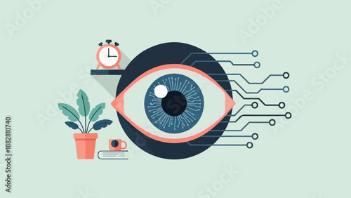 Digital eye with circuit board connections, plant, book, coffee, and clock