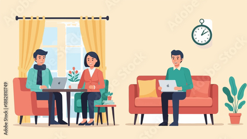 Diverse people collaborating remotely in a bright, comfortable indoor setting