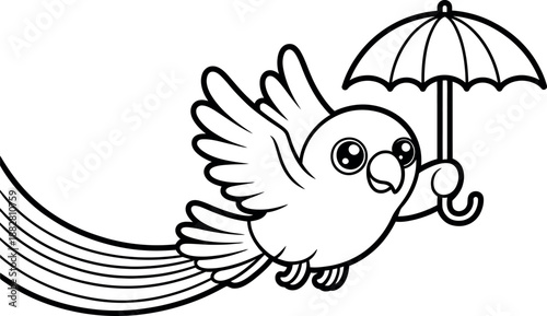 A bird joyfully flying in the rain while holding an umbrella in this whimsical black and white illustration.