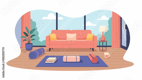 Cozy living room with yoga mats, couch, and plant