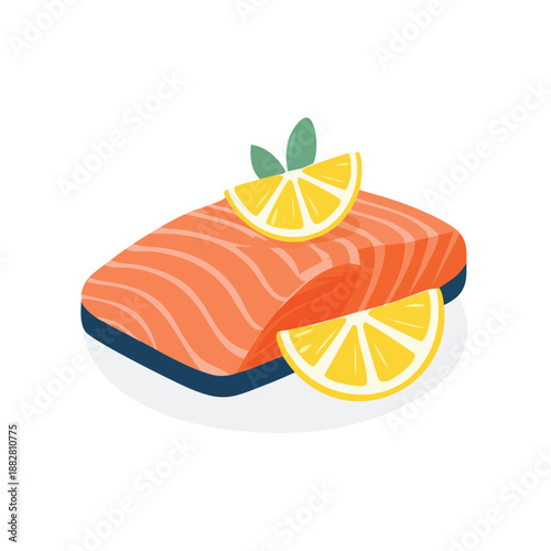 Salmon fillet garnished with fresh lemon slices and herbs on a dark plate viewed from above