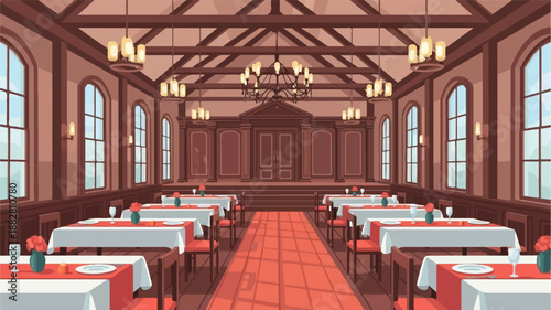 Elegant dining hall with arched windows, chandelier, and tables set for a banquet