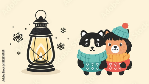 Cozy cartoon animals in winter attire beside a glowing lantern in snowfall