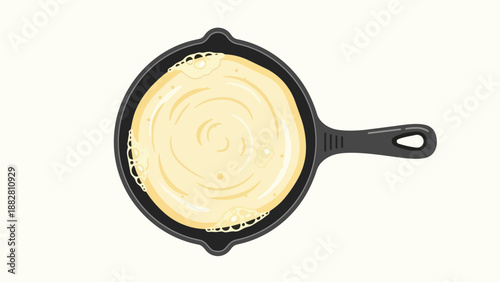 Golden Pancake Frying in a Skillet Overhead View  Delicious Breakfast Crepe Cooking Illustration for Recipe Books and Culinary Websites  Morning