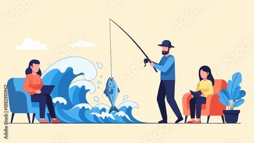 Diverse people engage in leisure and remote work near ocean waves