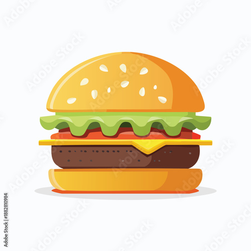 Illustration of a vibrant cheeseburger with lettuce and tomato on a bun viewed from the front
