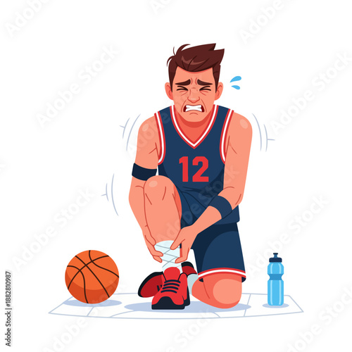 Injured athlete sitting on the floor with a basketball