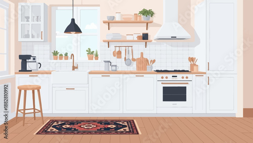Cozy pixel art kitchen with white cabinets, sink, stove, and plants