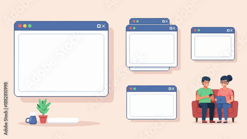 Digital interface windows and people interacting with devices