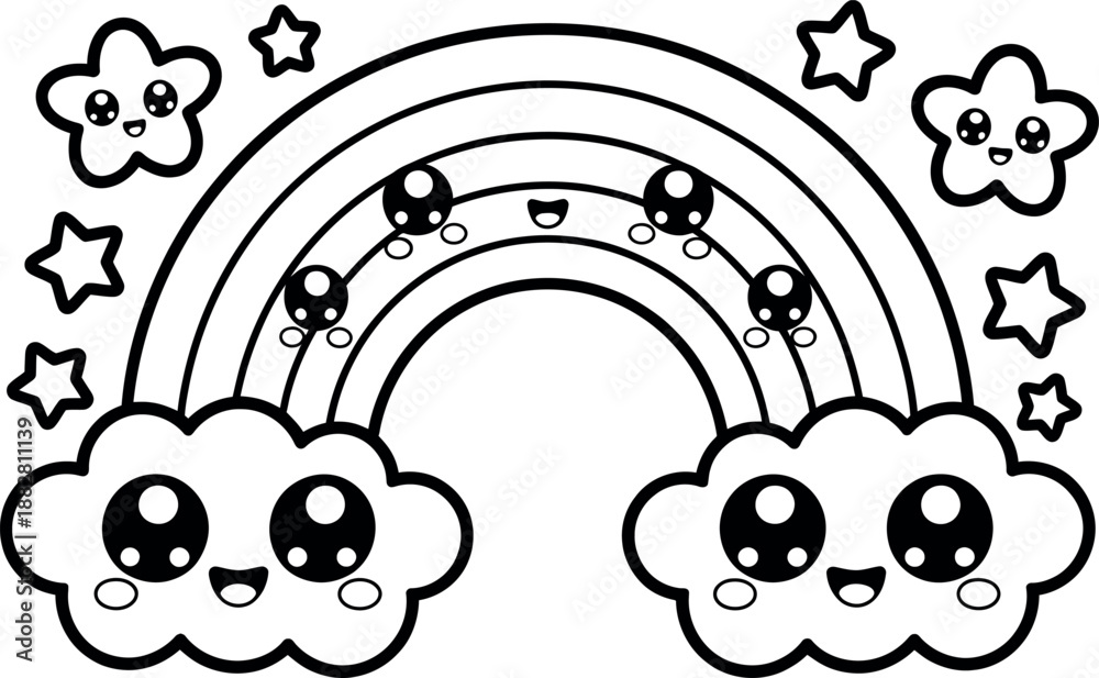 Obraz premium A whimsical black-and-white illustration featuring a rainbow with smiling clouds and stars for coloring